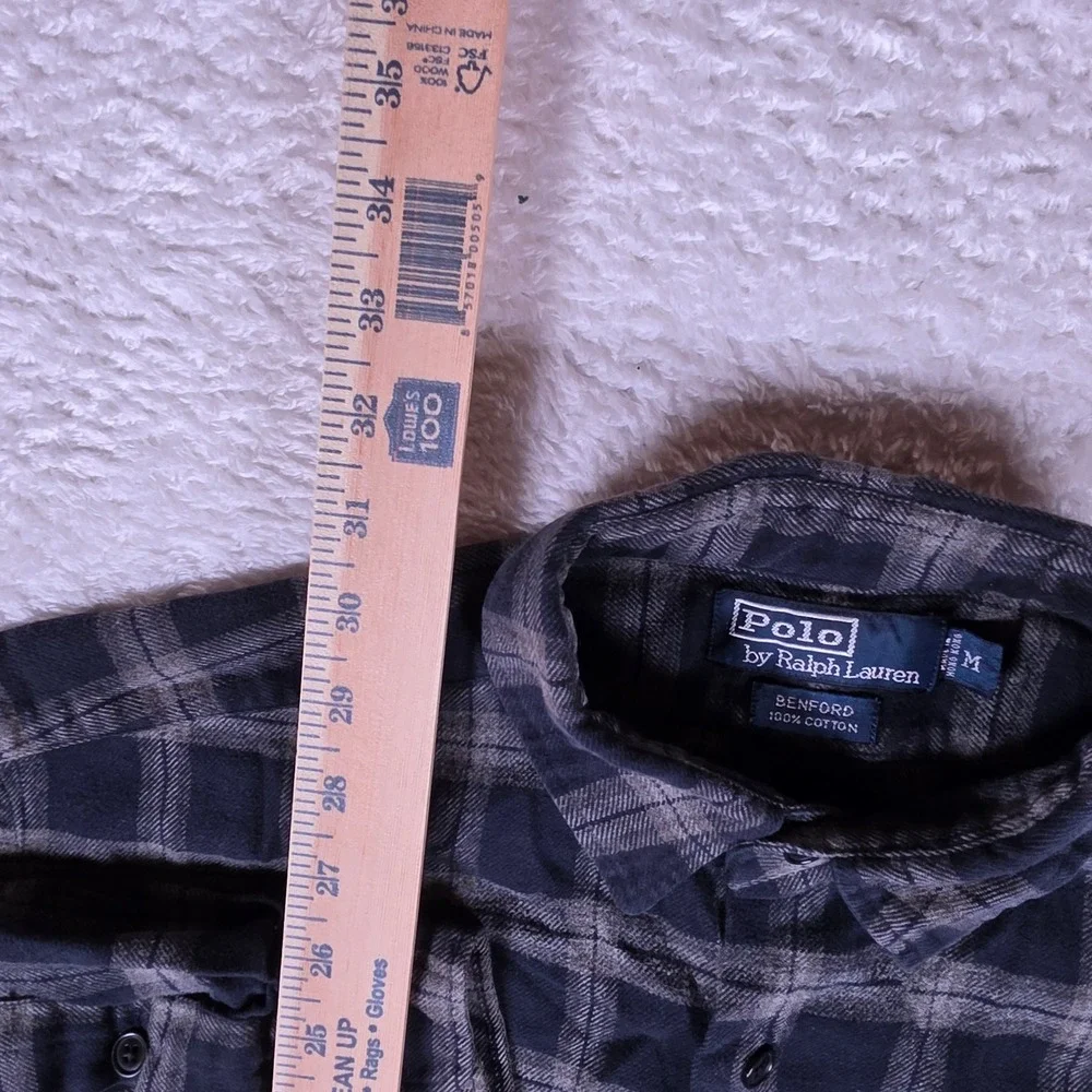 Polo Ralph Lauren Benford Mens M Navy Blue Beige Plaid L/S Flannel Button Down